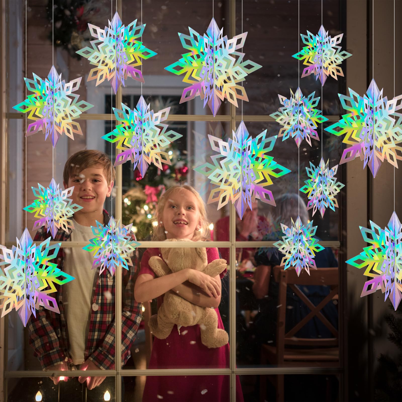 Crafare 18Pcs Christmas Hanging Holographic Snowflake Ornamnets 3D Paper Snowflakes Garland Sparkly 3 Size For Winter Wonderland